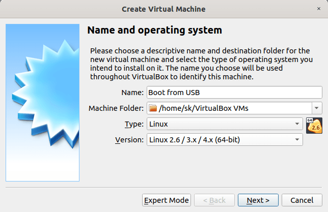 Enter virtual machine details in virtualbox