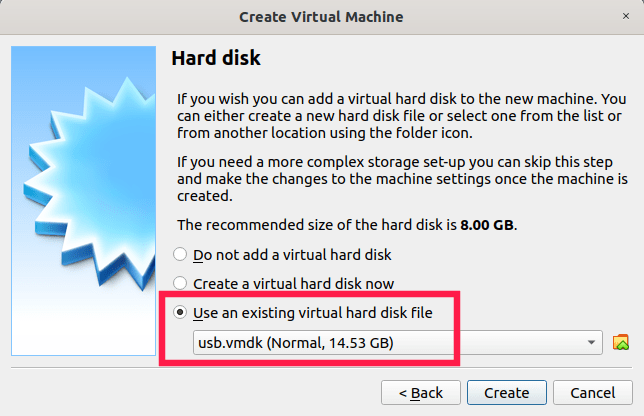 vmdk file is selected as the virtual hard disk